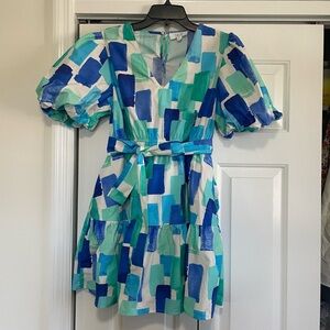 Peach Love California Geometric Blue Print Dress Size Small
